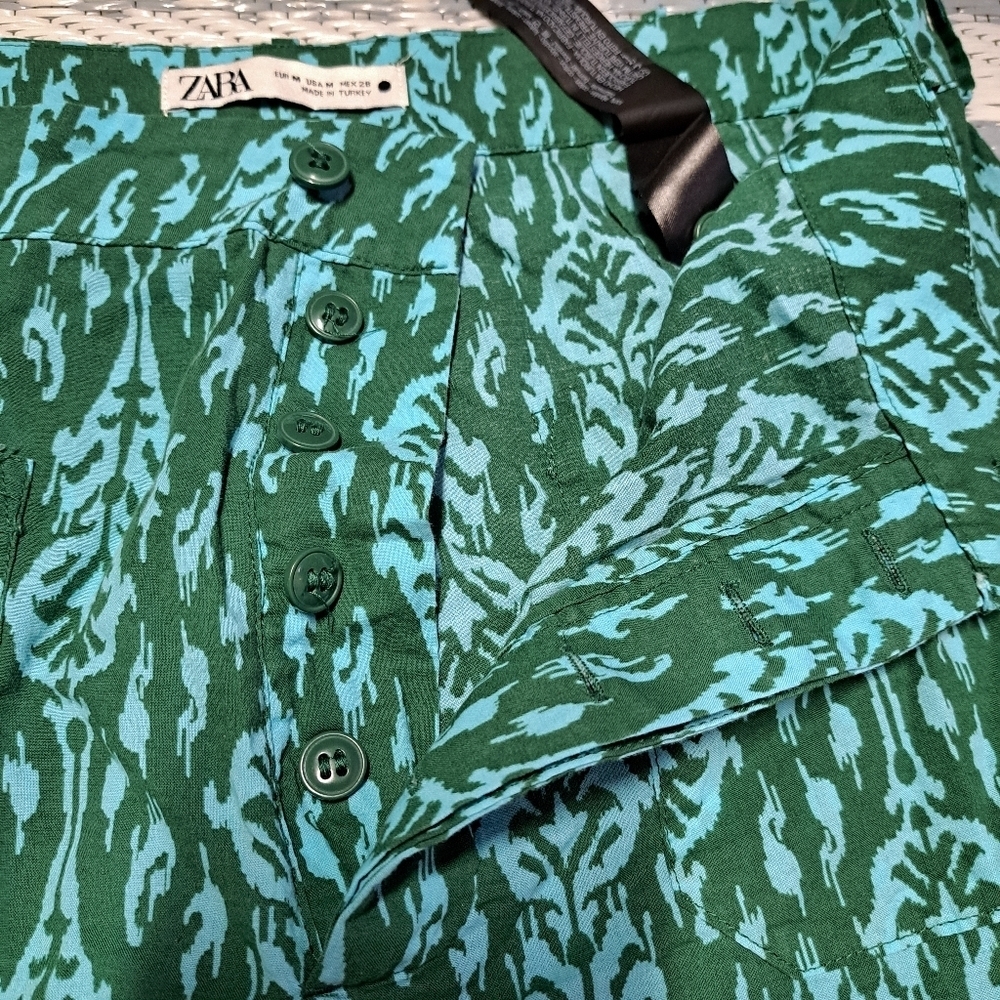 Zara Teal Wide Leg Cotton Pants with Textured Pattern‎ - Picture 8 of 9